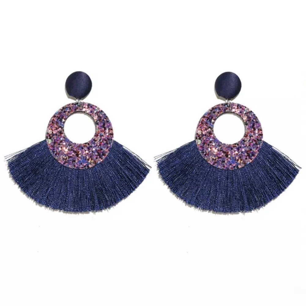Navy Tassel Fringe Earrings Multicolor Glitter Circle Statement Boho - Picture 3 of 8
